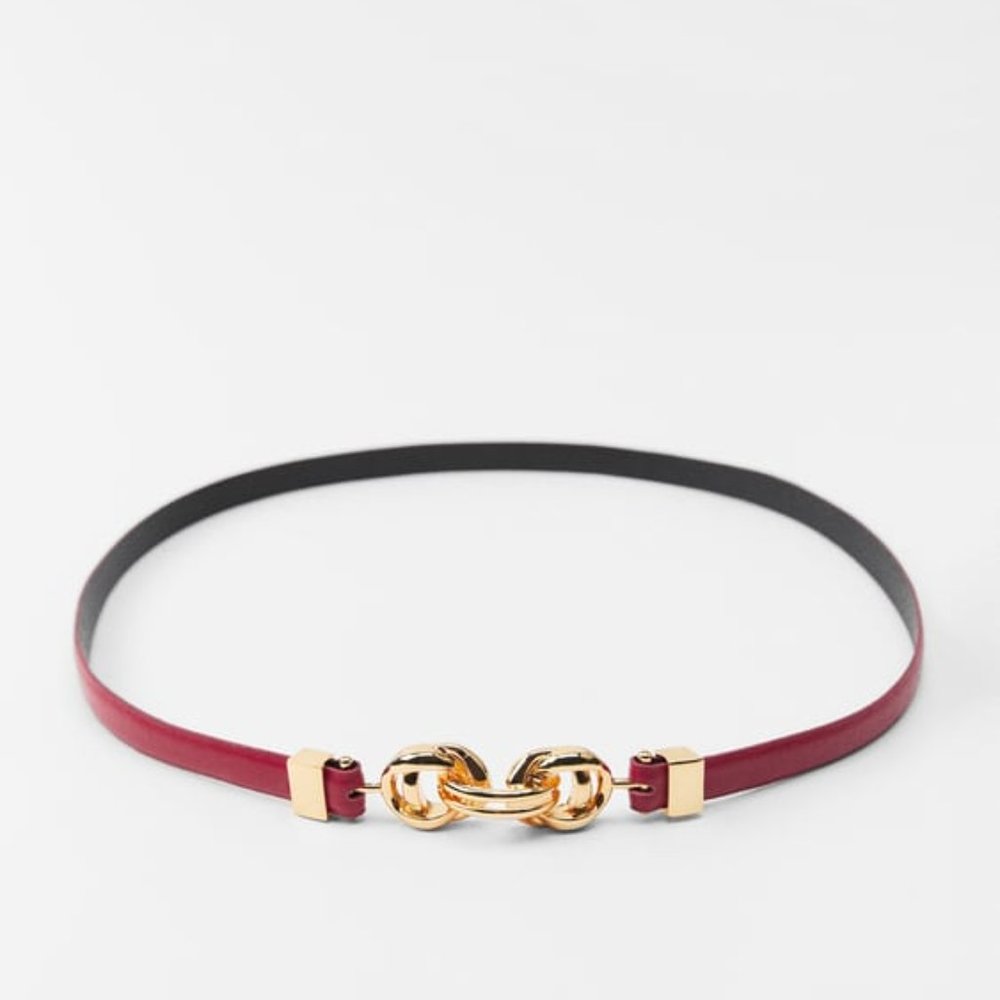 BNWT ZARA THIN LEATHER BELT RED WITH GOLD METAL BUCKLE CLOSURE SIZE 30